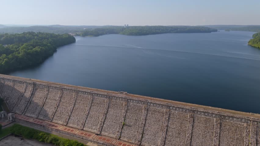 Drone view, dam wall of important Kensico reservoir in Valhalla, New York