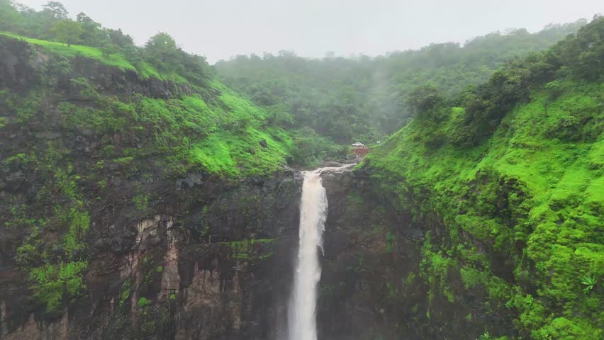 Drone View of Giant Waterfall in Rainforest | Monsoon Western Ghats 4K | Cinematic Waterfall Reveal | Western Ghats in Monsoon 4K Drone View Roaring Waterfalls in Lush Green Western Ghats