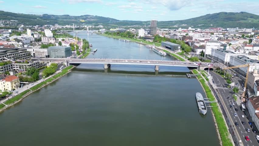 Nibelungenbrucke, Nibelungen Bridge Over Danube River In Linz, Austria. - aerial shot