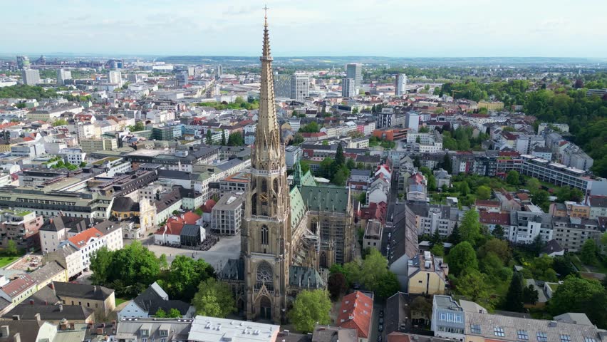 Aerial View Of Linz Cathedral And City In Daytime In Linz, Austria.
