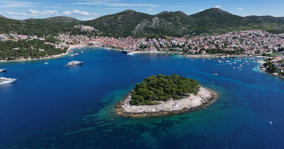 Islet Near Hvar, Croatian Island In The Adriatic Sea In Croatia. Aerial Drone Shot