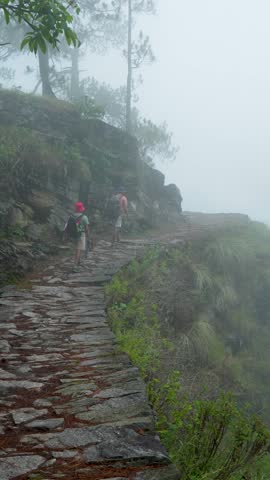 Two hikers walking along a misty forest path, enjoying the beauty of nature and the spirit of adventure on the Madmaheshwar Temple trek, Panch Kedar, Uttarakhand, India.