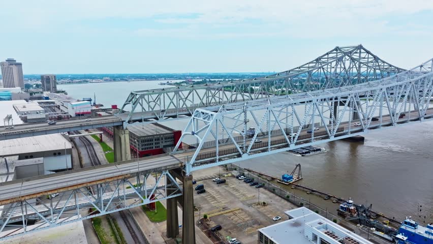 Crescent City Connection, Pair Of Cantilever Bridges Spanning Mississippi River In New Orleans, Louisiana, USA. - aerial shot