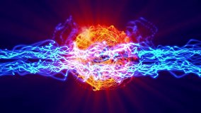 Vibrant digital animation of a glowing sphere pulsing with red and blue energy streams against a black background, depicting electromagnetic fusion.Ideal for scientific visualization, futuristic tech. - Powered by Shutterstock - Get 15% off with code: PIKWIZARD15
