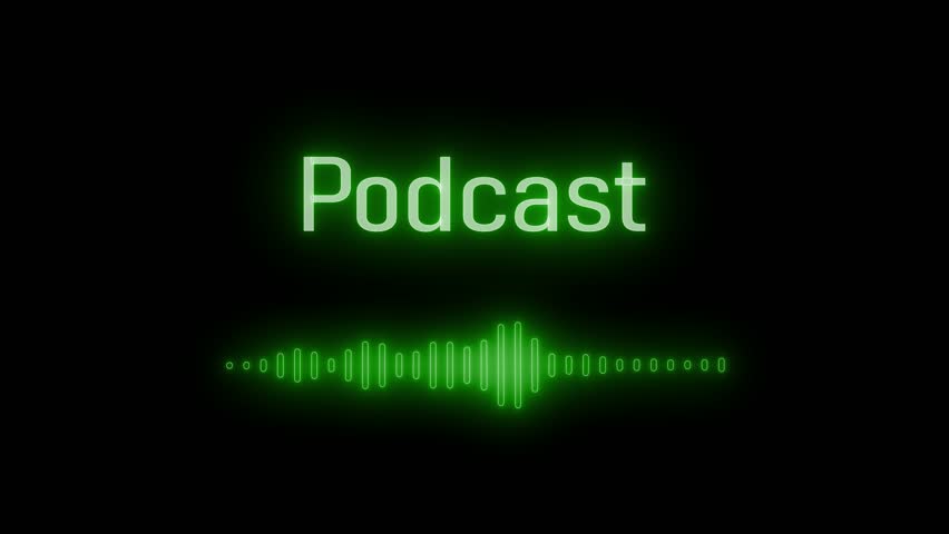 Glowing Podcast Text with Waveform Animation, A glowing Podcast text with a waveform on a black background, symbolizing audio content