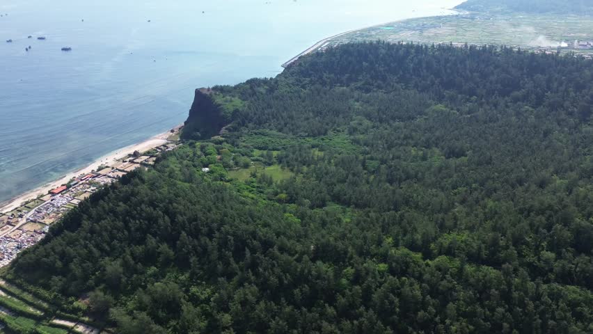 Pan left view of a lush forested area and volcanic formations descending toward the sea in Ly Son.