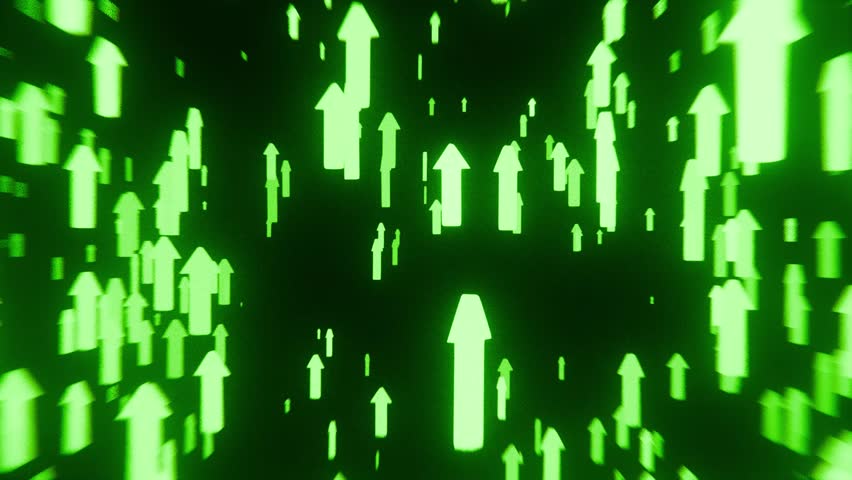 Bright animation of glowing green arrows rising upward, perfect for success, profit, crypto gain, and financial growth themes. Boosts visual impact for stock media.
