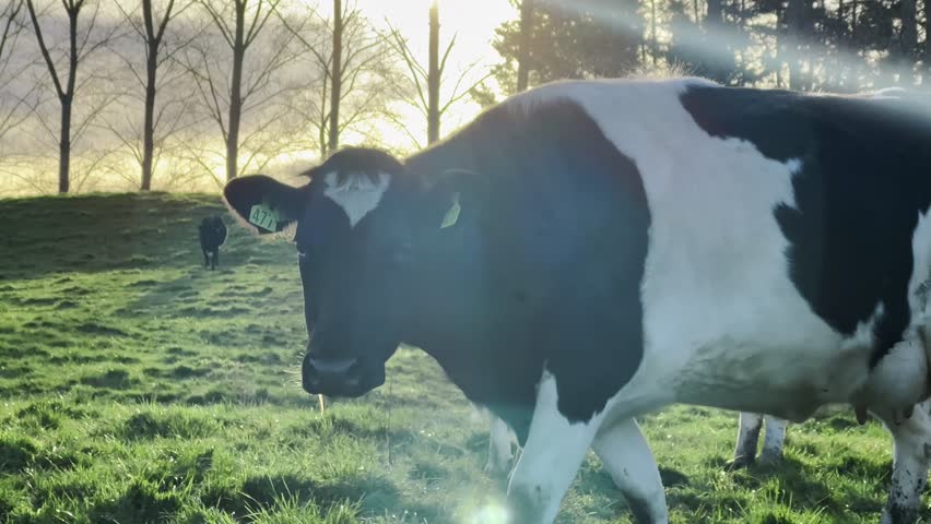 A herd of black and white Holstein Friesian dairy cows gather closely on a lush green pasture in rural New Zealand. Perfect for themes of agriculture, livestock farming, and milk production.