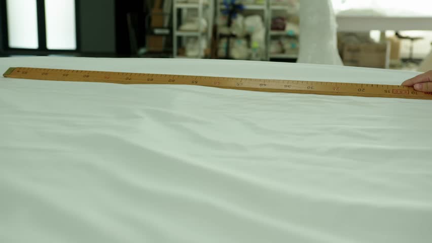 A person carefully measures the length of white fabric using a wooden ruler in a sewing workshop. The setting is organized with sewing materials and tools visible in the background.