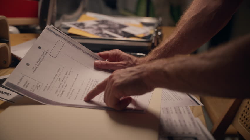 Close-up of hands flipping through a stack of top secret and classified documents on a desk. Confidential paperwork hints at espionage, intelligence gathering, or secret investigation.