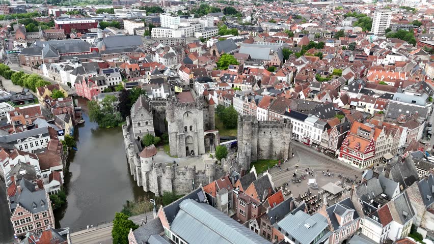 Gravensteen, Medieval castle Ghent Belgium drone,aerial