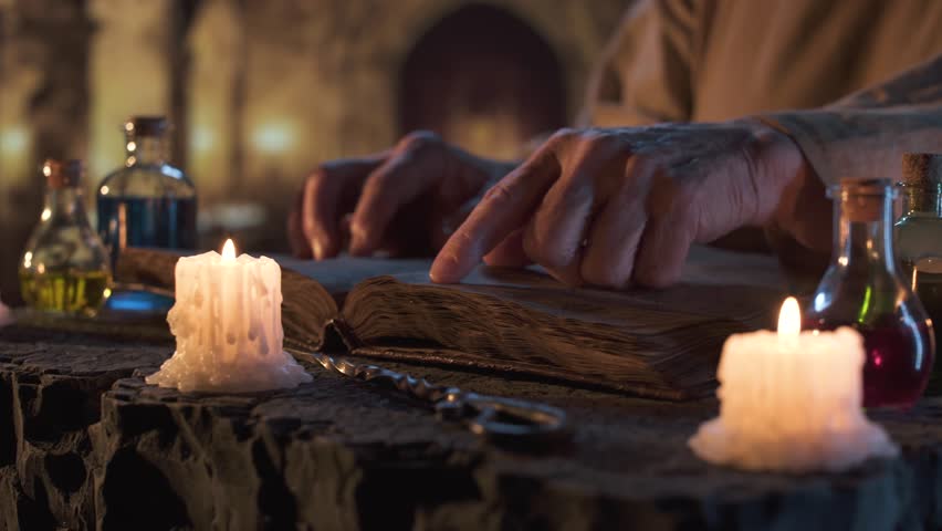 In dim, magical space lit by candles, person finger following lines of timeworn book. Nearby, small elixirs and potions hint at alchemy, sorcery, or ancient knowledge rituals.