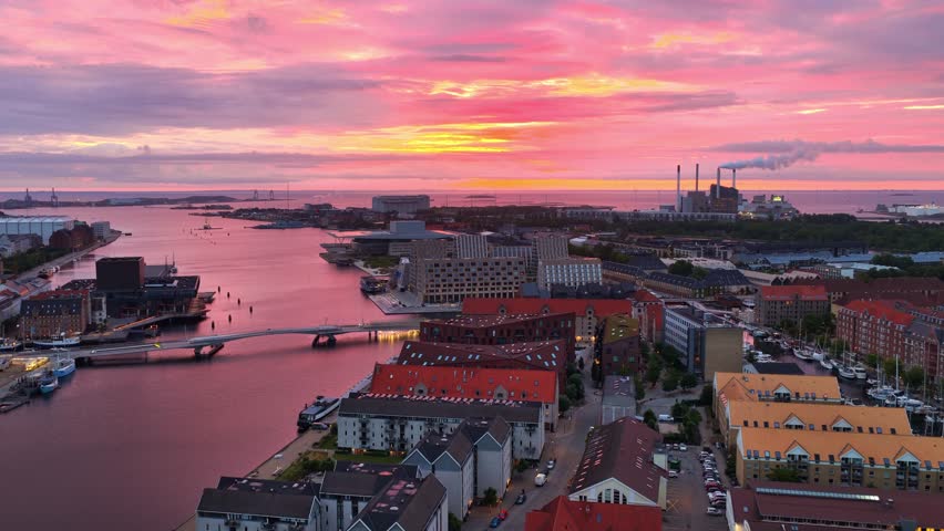 Aerial view of downtown Copenhagen at sunrise, Copenhagen is the capital of Denmark, river and bridges in Copenhagen, Scandinavian capital