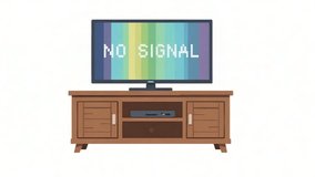 An animated video features a TV screen displaying no signal with colorful vertical test bars on a wooden TV stand in a simple modern living room  - Powered by Shutterstock - Get 15% off with code: PIKWIZARD15