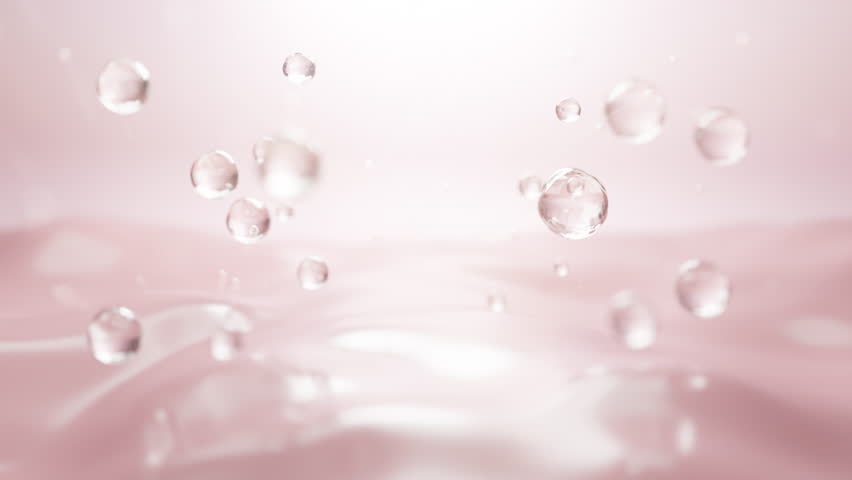 Hydration motion with floating cosmetic drops. Skincare glow, smooth liquid, and elegant design in a seamless background. Molecular beauty in soft pink tone. 3d animation