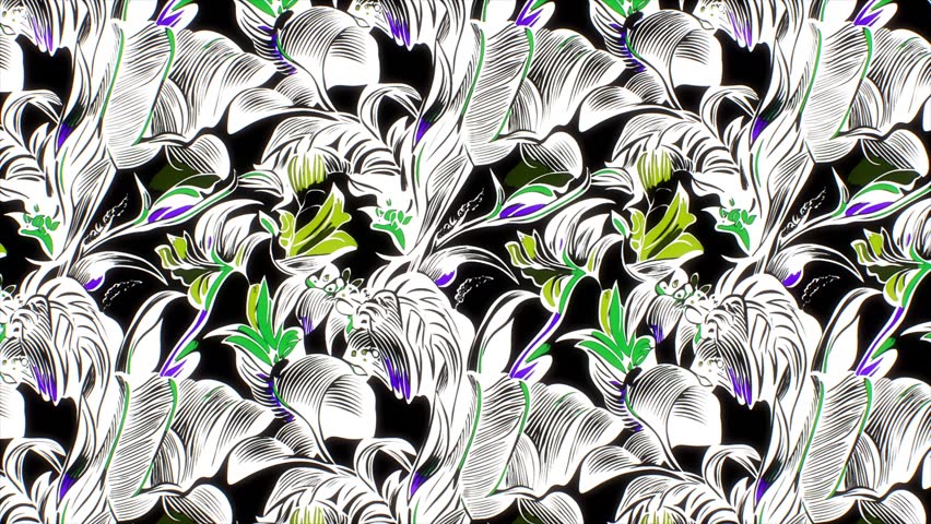 Seamless elegant tropical pattern botanical style, reflecting Art Deco fluidity. Bold, high-contrast elements white background, positioned lower edge, create vintage-inspired look.
