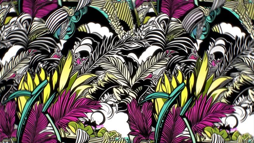 Seamless classic tropical illustration with botanical Art Deco vibe. High-contrast floral elements white background, positioned lower section, create vintage aesthetic.