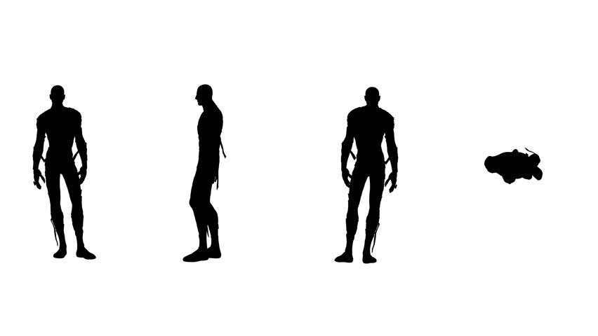 3D animation of a black the silhouette of a mummy who is afraid and trembling. Computer graphics for Halloween theme on isolated white background. 4 in 1 set from front, side, back. 3D Illustration