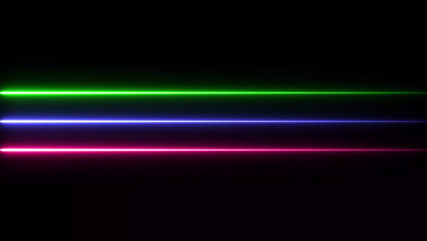 Bright neon line animation. Light and stripes opposite direction moving fast over dark background. Neon light saber lines, neon tubes emitting small particles