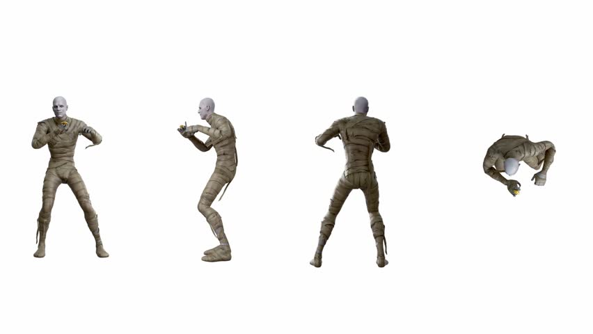 3D animation of mummy dancing wrapped in bandages. Computer graphics for Halloween theme on white background. Set 4 in 1 from front , side, back and top full length. 3D Illustration
