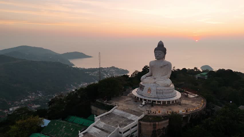 Aerial view of the big buddha statue in Phuket, Thailand, a famous landmark and place of worship. 