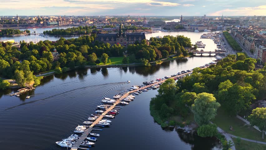 Aerial view of Stockholm archipelago. Flying over downtown Stockholm, Sweden. Amazing drone footage of Stockholm yacht canal and the Nordic Museum