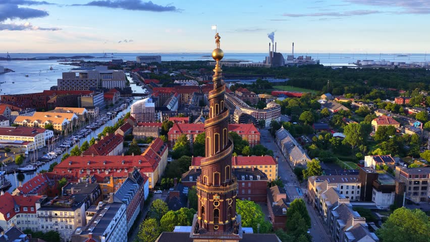 Aerial drone view of the Church of Our Saviour in the city centre of Copenhagen, Denmark, tourist landmark in Copenhagen