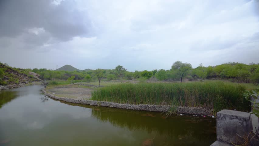 Tranquil water body bordered by tall reeds and grasses on one side and a rocky hill with sparse greenery on the other; gentle hills and tree clusters under a cloudy sky form the backdrop.