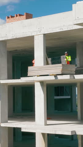 Construction of a monolithic house. Builders put up plasterboard. Multi-storey building with monolithic. Modern industrial monolithic construction