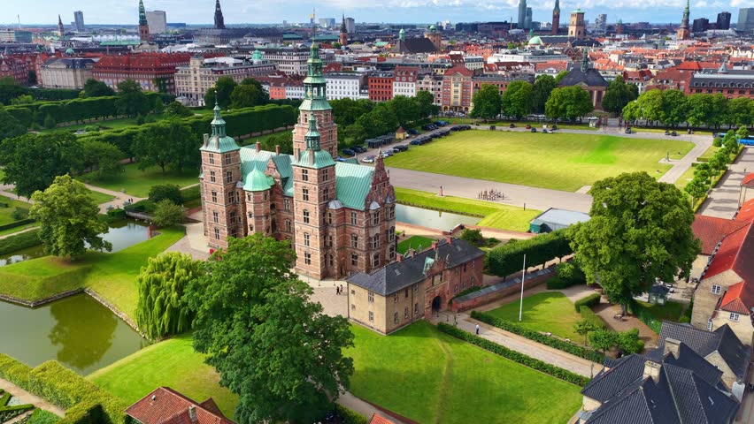 Orbiting drone shot of Rosenborg Castle in Copenhagen, Denmark. The King's Garden central Copenhagen, Denmark, Europe