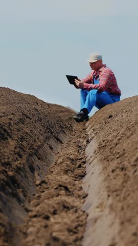 Farmer, agronomist sits between special soil rows on field. he tests, using tablet, quality of potato planting by cultivator. Modern Agriculturally potato cultivation. spring sunny day.