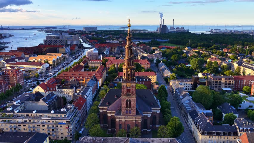 drone shot of Copenhagen famous church of Our Saviour, aerial view of downtown Copenhagen, capital of Denmark, Danish capital drone view