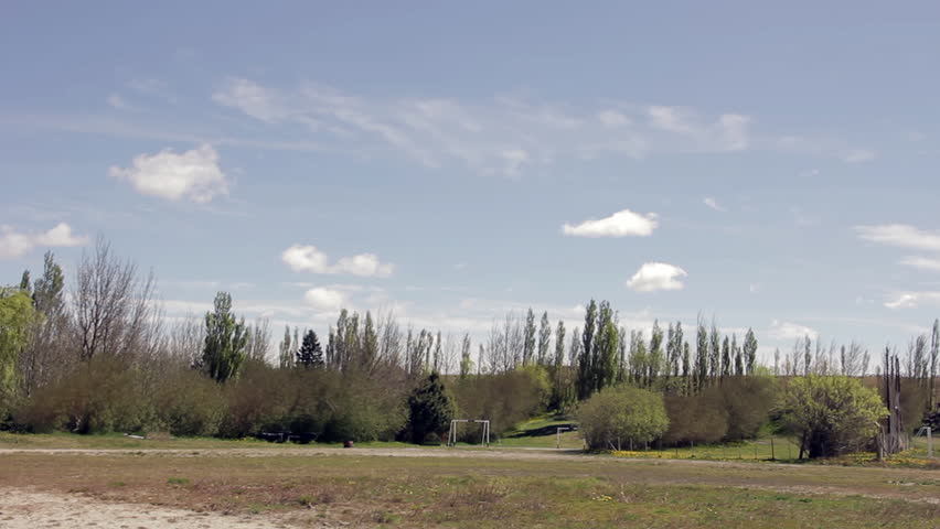 Open Sports Field With Soccer Goals Surrounded by Trees in Patagonian Landscape Near Rio Gallegos, Santa Cruz Province, Argentina