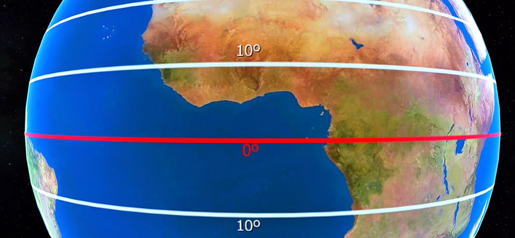 3D animation explaining the geographic coordinate system using latitude and longitude on the globe.