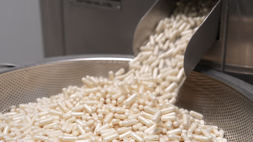 Capsules filled with vitamins or medicine dropping from a pharmaceutical machine into a stainless steel container inside a cleanroom production facility.