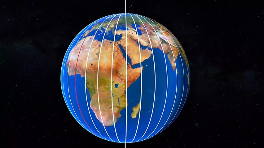 3D animation illustrating Earth's lines of longitude from pole to pole marking global coordinates precisely.