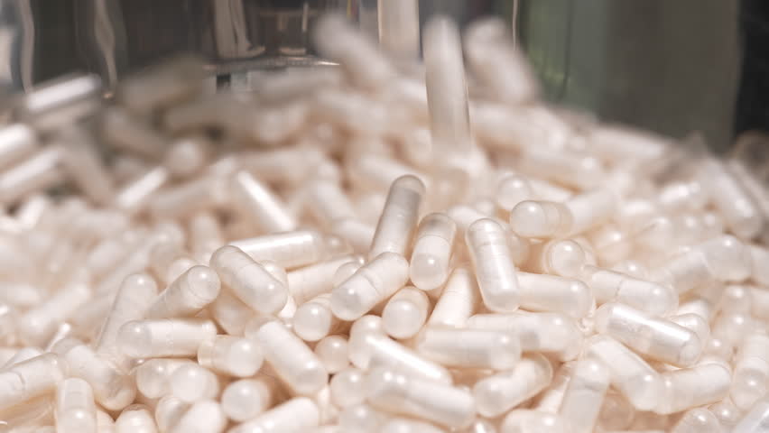Capsules filled with vitamins or medicine dropping from a pharmaceutical machine into a stainless steel container inside a cleanroom production facility.