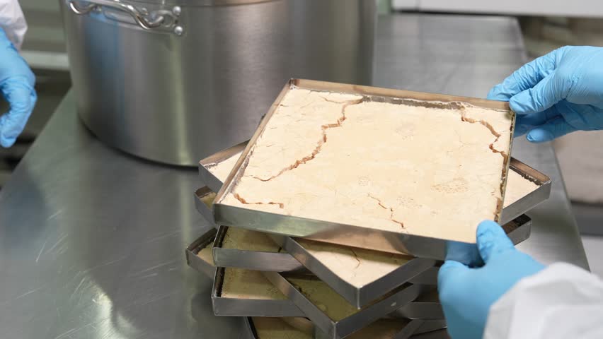 Close-up of two pharmaceutical workers in sterile uniforms transferring a container filled with brown raw medicine or vitamin material inside a cleanroom facility.