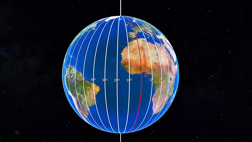 3D animation showing Earth's lines of longitude from Prime Meridian to 180° across Eastern and Western Hemispheres.