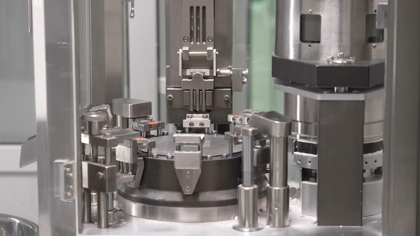 Close-up of an industrial pharmaceutical machine rapidly producing vitamin or medicine capsules in a clean manufacturing facility. Capsules exiting the metal equipment are clearly visible.