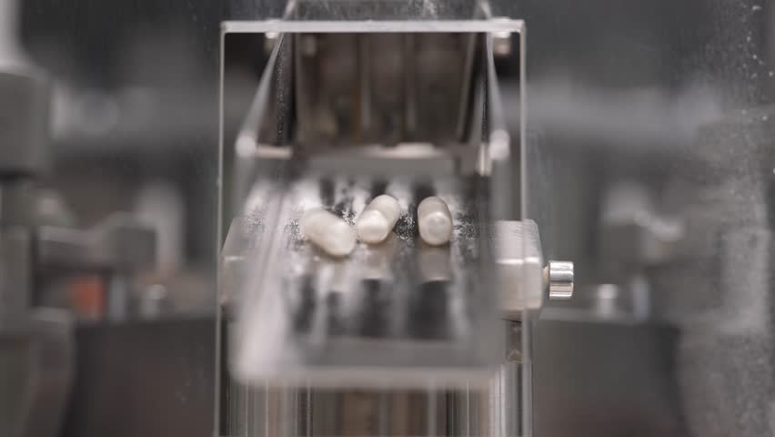 Close-up of medicine or vitamin capsules emerging from a stainless‑steel pharmaceutical machine and moving toward the camera, while the machine operates in the background in a cleanroom environment.
