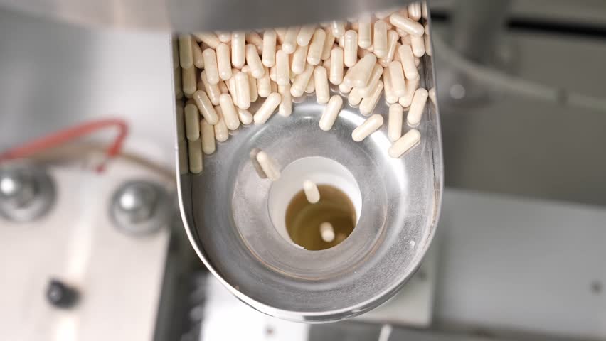 Capsules filled with vitamins or medicine dropping from a pharmaceutical machine into a stainless steel container inside a cleanroom production facility.