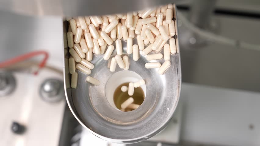 Capsules filled with vitamins or medicine dropping from a pharmaceutical machine into a stainless steel container inside a cleanroom production facility.