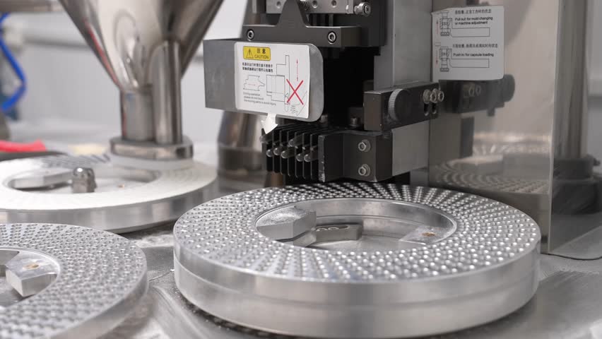 Close-up of a pharmaceutical technician wearing sterile gloves and protective uniform operating a tablet press machine during vitamin or medicine production in a cleanroom facility.