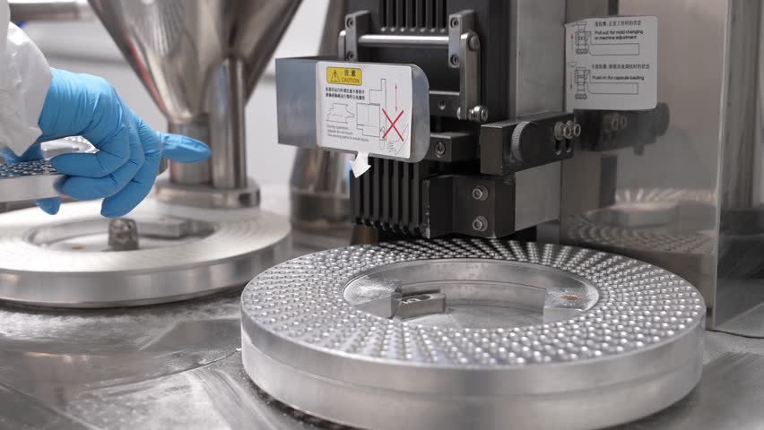 Close-up of a pharmaceutical technician wearing sterile gloves and protective uniform operating a tablet press machine during vitamin or medicine production in a cleanroom facility.