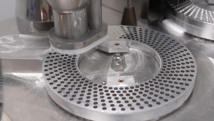 Close-up of a pharmaceutical tablet press machine in operation, filling powder into rotating die cavities for compression into tablets during vitamin or medicine production in a sterile facility.