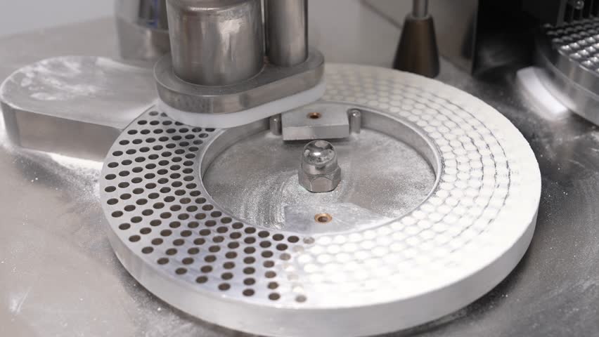 Close-up of a pharmaceutical tablet press machine in operation, filling powder into rotating die cavities for compression into tablets during vitamin or medicine production in a sterile facility.