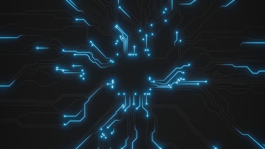 Seamless Loop. Glowing Blue Circuit Lines on a Dark Background for Digital Connectivity, High-Tech Networks, Technology and Communication Systems.  Created using non-AI 3d Software