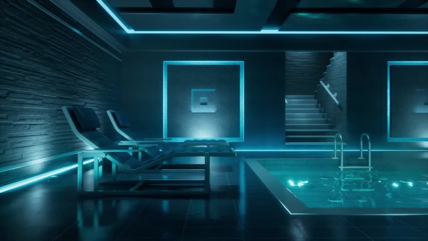 Neon-Lit indoor pool lounge with futuristic design rendered using 3Ds Max. Video background for relaxing music and desktop wallpaper 