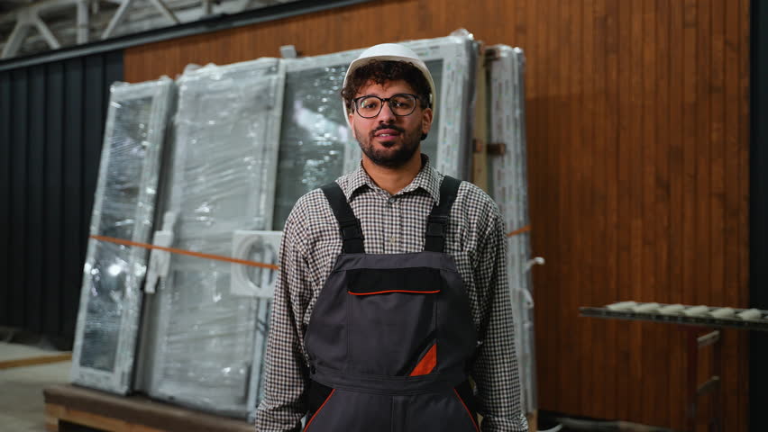 Smiling construction worker gesturing with hands in factory